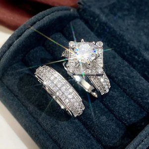 Fashion Silver 4A Zircon Square Engagement Wedding Rings 2pcs Ring Set